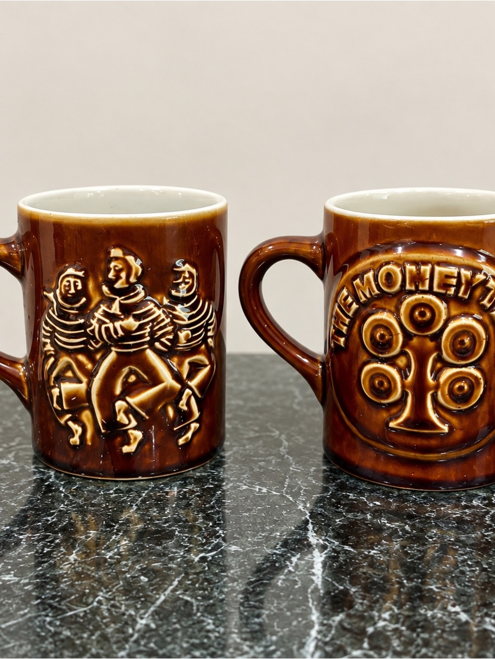 Hall China Brown Ceramic Mugs with Raised Motif - Set of 2